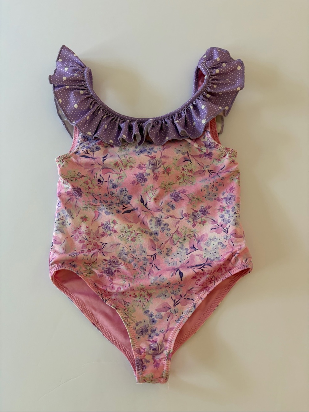 LoveShackFancy Pink Floral One-Piece Swimsuit with Purple Ruffle
